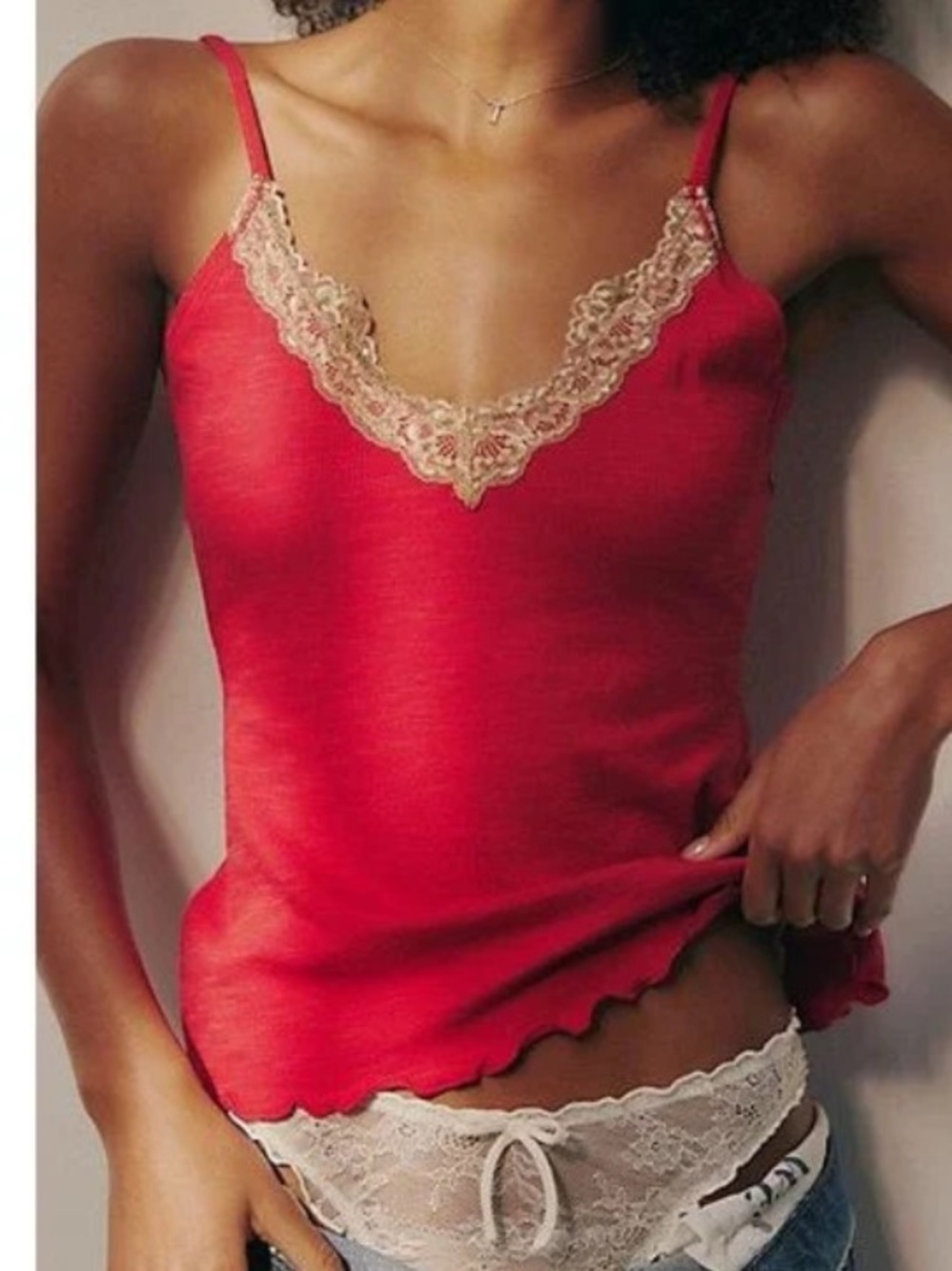 Free People Red Ribbed Lace Trim Oh My Darling Tank Top Size Medium.